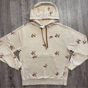Nike Hoodie Beige Brown All Over Logo  Pullover Sweatshirt Mens Size S